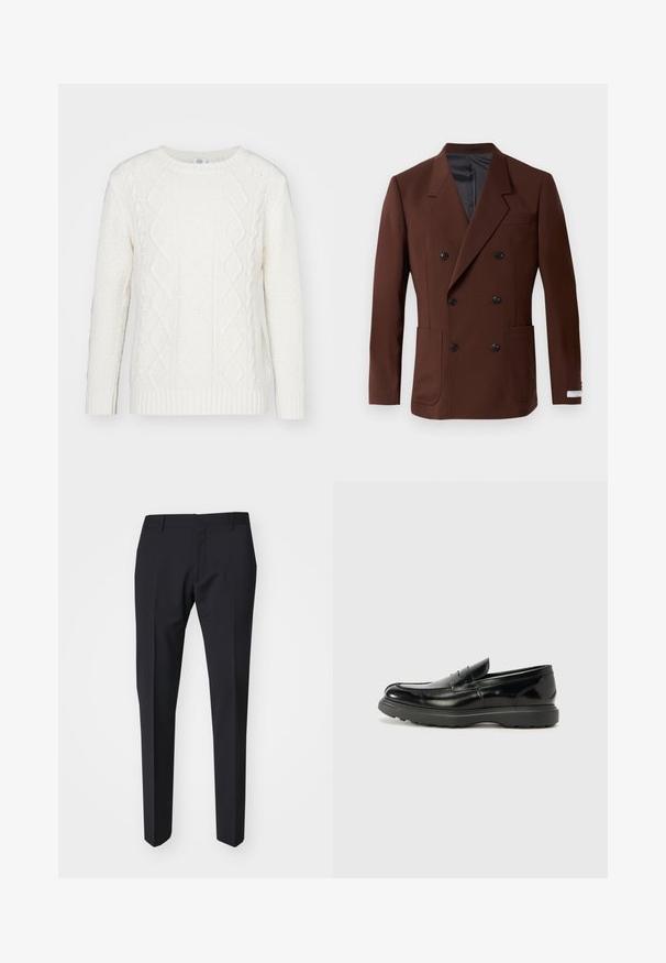 Brauner doppelt geknöpfter Blazer mit Reverskragen, zwei Vorder taschen, schwarzen Knöpfen und einem glatten Innenfutter. Taillierte Passform.; Weißer Strickpullover mit klassischem Rippenkragen, strukturierten Oberflächen und Zopfmuster auf der Vorderseite und den Ärmeln.; Dunkelblaue Hose mit schmaler Passform. Hergestellt aus glattem, strukturiertem Stoff, mit flachem Bund, Gürtelschlaufen und seitlichen Taschen.; Schwarze Lederloafer mit glanzendem Finish, abgerundetem Zehenbereich, subtilen Steppnähten und einer dicken Gummisohle für Langlebigkeit.