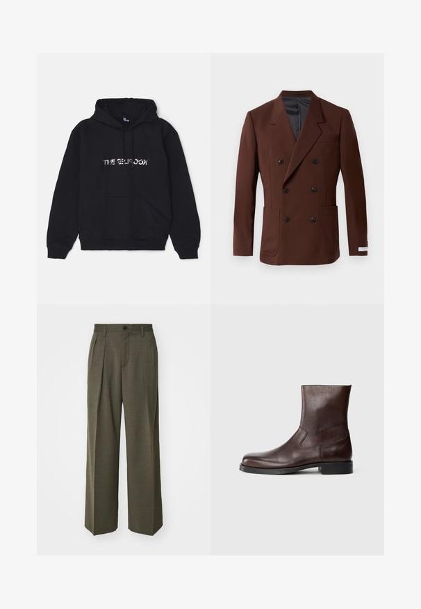 Hnedý dvojradový blejzer s klopami, dvoma prednými vreckami, čiernymi gombíkmi a hladkým vnútorným podšívkou. Prispôsobený strih.; Čierna mikina s kapucňou vyrobená z mäkkej, hrubej tkaniny. Obsahuje prednú kapsu, kapucňu so šnúrkou a logom z kovového písma na strede.; Filippa K WIDE TROUSERS - Nohavice - driftwood; Hnedé kožené členkové botas so hladkou textúrou, zaoblenou špičkou, minimálnym prešitím a plochou čiernou gumovou podrážkou.