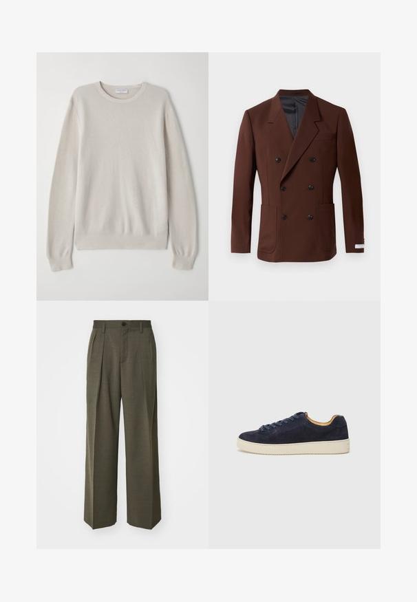 Brown double-breasted blazer with notched lapels, two front pockets, black buttons, and a smooth interior lining. Tailored fit.; Light beige sweater made of soft knit fabric. Crew neckline, long sleeves, ribbed cuffs, and hem with subtle texture detail.; Filippa K WIDE TROUSERS - Trousers - driftwood; Navy suede low-top sneaker with rounded toe, off-white rubber sole, and matching laces; features a contrasting tan interior lining.
