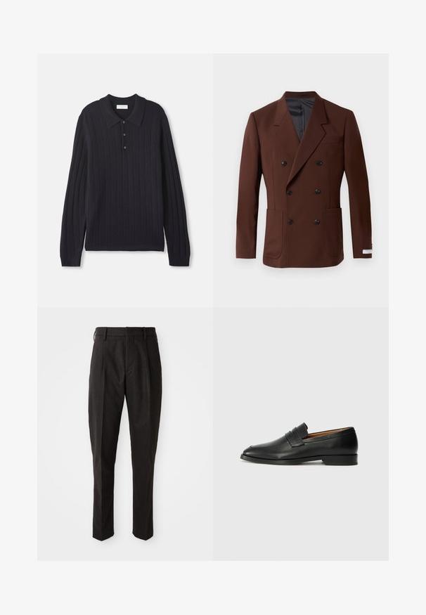 Brauner doppelt geknöpfter Blazer mit Reverskragen, zwei Vorder taschen, schwarzen Knöpfen und einem glatten Innenfutter. Taillierte Passform.; Dunkelblaues langärmliges Strickpolo mit drei Knöpfen und Rippbündchen, das ein strukturiertes vertikales Streifenmuster aufweist.; Schwarze Wollmischungshose mit geradem Schnitt, flachem Vorderteil, zwei seitlichen Taschen und glatter Textur.; Schwarze Leder-Slipper mit runder Zehenform, dezenten gestickten Details und niedrigem Absatz, ausgestattet mit glatter Textur und minimalistischem Design.