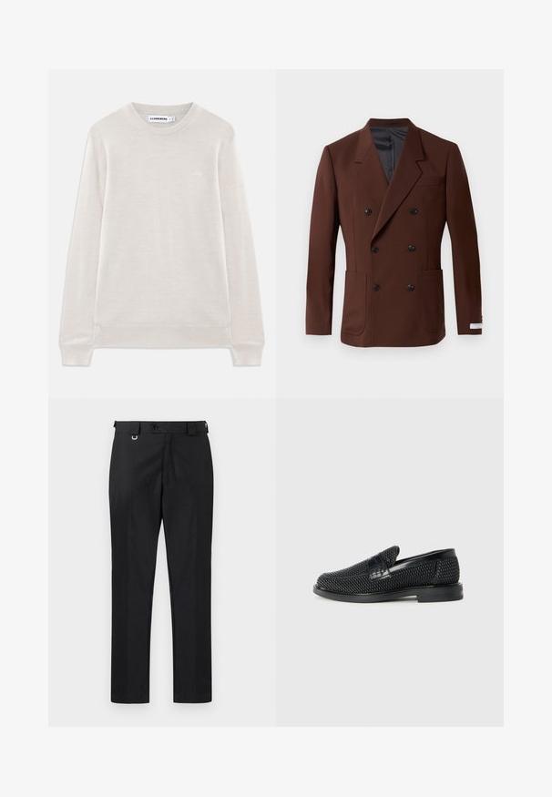 Rudas dvigubas švarkas su įpjautais atlapais, dviem priekiniuose kišenėse, juodais mygtukais ir lygiu pamušalu. Prisiūtas kirpimas.; Šviesiai smėlinės spalvos ilgomis rankovėmis puloveris su apvaliu iškirpimu, su raštuotais rankogaliais ir apačia, subtilus logotipas kairėje krūtinės pusėje ir J.Lindeberg etiketė apykaklėje.; Juodos pritaikytos kelnės su tiesiu kirpimu, su mygtuko uždarymu ir dirželių kilpomis. Lygus paviršius su minimaliais detalėmis.; Juodas pintas slip-on tipo batelis su lygiu odiniu akcentu viršuje, apvalios nosies dizainas ir žemas guminis padas.