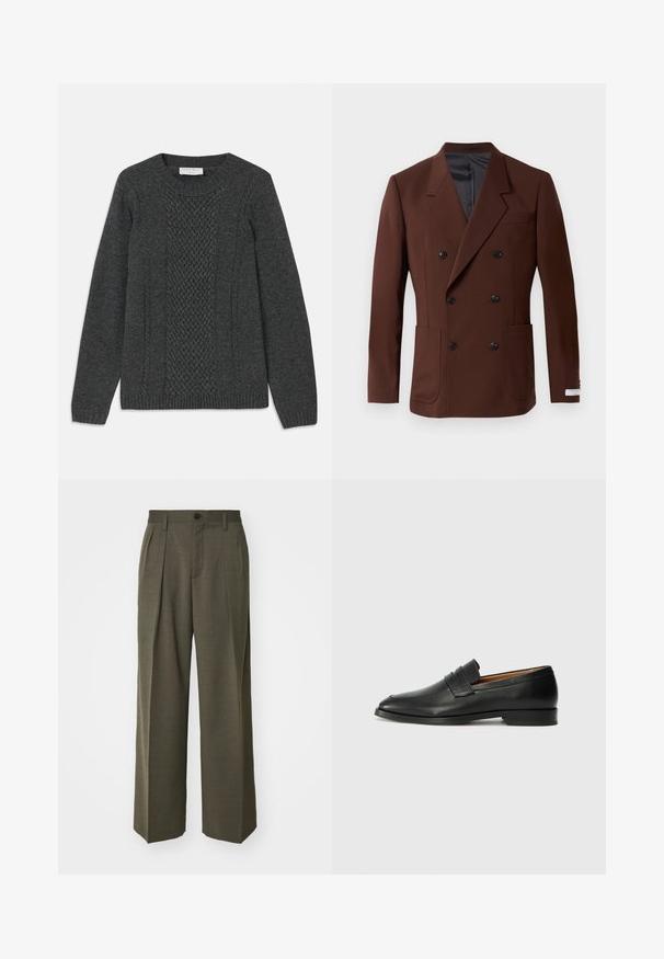 Barna, kétsoros blézer, kivágott hajtókával, két elülső zsebbel, fekete gombokkal és sima bélésű belső résszel. Testhezálló szabás.; Szürke kötött pulóver, amely elülső részén textúrált gyémántmintával, bordás mandzsettákkal és klasszikus kerek nyakkivágással rendelkezik.; Filippa K WIDE TROUSERS - Nadrágok - driftwood; Fekete bőr mokaszin, kerek orral, diszkrét varrásokkal és alacsony sarokkal, sima felülettel és minimalista dizájnnal.