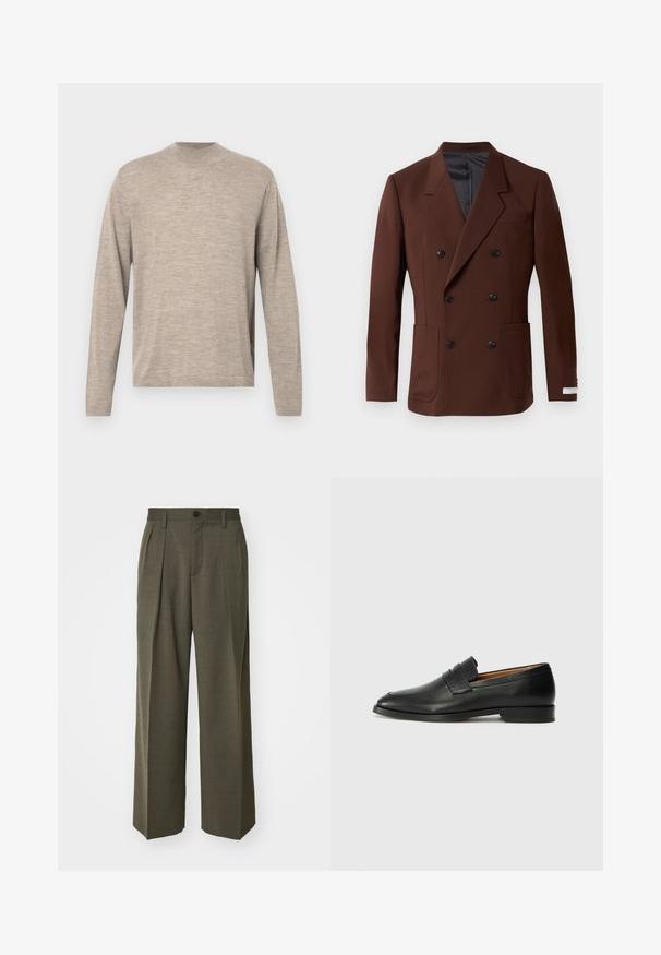 Sacou maro cu două rânduri de nasturi, guler în formă de v, două buzunare frontale, nasturi negri și o căptușeală interioară netedă. Croială ajustată.; Pulover lung bej deschis cu mâneci lungi, cu decolteu rotund, fabricat dintr-un material moale, având o croială lejeră și o textură subtilă. Fără modele sau accente.; Filippa K WIDE TROUSERS - Pantaloni - driftwood; Lofer din piele neagră, cu vârf rotund, detalii cusute subtile și toc jos, având o textură netedă și un design minimalist.