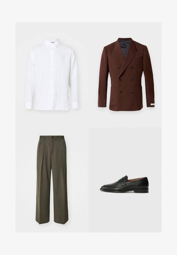 Pruun topeltkinnitusega bleiser, millel on nurgelised kraed, kaks esikotti, mustad nupud ja sile sisemine vooder. Kohandatud lõikega.; Valge pika varrukaga särk, mis on valmistatud linasest kangast. Omab täispikkuses nööpide eesmist osa, kraed ja mansetid. Sujuv tekstuur, kerge ja õhuline välimus.; Filippa K WIDE TROUSERS - Püksid - driftwood; Must musta loafers ümarate varvastega, peene tikandiga ja madala kontsaga, millel on sile tekstuur ja minimalistlik disain.