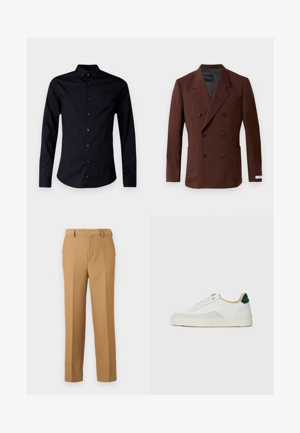 Rudas dvigubas švarkas su įpjautais atlapais, dviem priekiniuose kišenėse, juodais mygtukais ir lygiu pamušalu. Prisiūtas kirpimas.; Juodas ilgomis rankovėmis marškinėliai, pagaminti iš lygaus audinio, su smailiu apykakle, priekyje užsegami mygtukais ir prisitaikanti dizainu su išlenktu apmušalu.; Kreminės spalvos kelnės, pagamintos iš audinio, turinčios tiesų kirpimą, lygią priekį ir diržo kilpos. Sklandus paviršius be matomų raštų.; Baltos sportbačiai su zomšos akcentais, apvaliu nosiu, plokščiais raišteliais ir kreminės spalvos guminiu padu. Ant kulno yra žalia ženklinimo detalė.