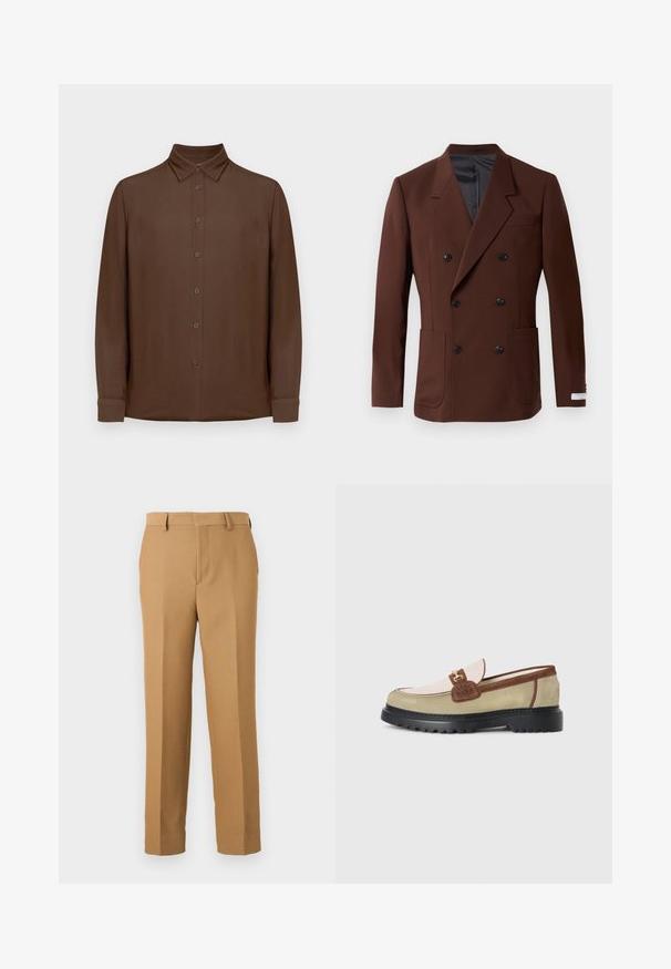 Brauner doppelt geknöpfter Blazer mit Reverskragen, zwei Vorder taschen, schwarzen Knöpfen und einem glatten Innenfutter. Taillierte Passform.; Braunes Langarmhemd mit Knopfleiste, Kragen und Manschetten, flach auf einem weißen Hintergrund ausgestellt.; Beige Anzughosen aus gewebtem Stoff, mit geradem Schnitt, flachem Front und Gürtelschlaufen. Glatte Textur ohne sichtbare Muster.; Loafer mit beigen, hellrosa und braunen Wildlederpaneelen, goldenen Metallschnallenakzenten und dicker schwarzer Gummisohle mit Profilmuster.