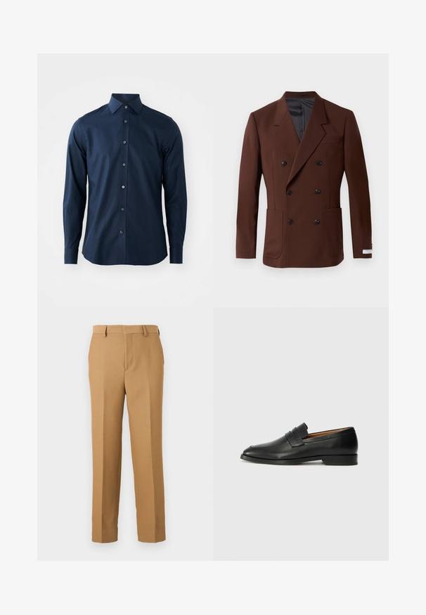 Rjav dvoredni blazer z izrezanimi reverji, dvema sprednjima žepoma, črnimi gumbi in gladkim notranjim oblačilom. Prilagojena fit.; Temno modra moška srajca z dolgimi rokavi in sprednjim gumbom ter koničastim ovratnikom na enobarvnem belem ozadju.; Bež hlače iz tkanine, s ravnim krojem, ravnim sprednjim delom in pasom za pas. Gladka tekstura brez vidnih vzorcev.; Črne usnjene loferice z zaobljenim prstom, subtilnim šivanjem in nizkim petam, ki se odlikujejo po gladki teksturi in minimalističnem oblikovanju.