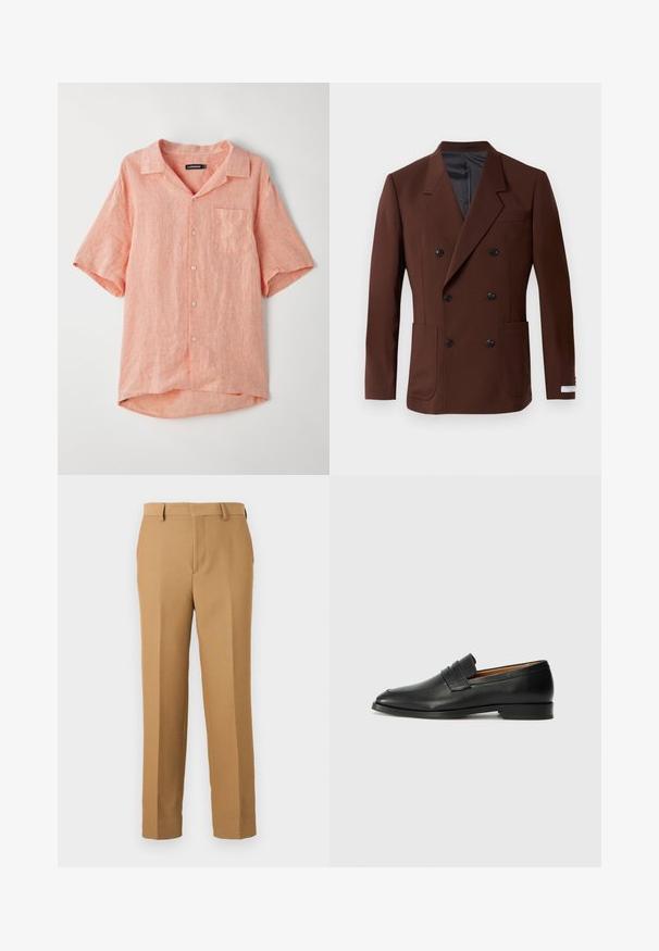 Bruine dubbelbreasted blazer met ingelegde revers, twee voorzakken, zwarte knopen en een gladde binnenvoering. Gepaste pasvorm.; Korte mouwen, button-up shirt in licht koraal, gemaakt van geweven linnen stof. Heeft een enkele borstzak en een camp collar ontwerp.; Beige broek gemaakt van geweven stof, met een rechte snit, platte voorkant en riemlussen. Soepele textuur zonder zichtbare patronen.; Zwarte leren instapper met een ronde neus, subtiele stikdetails en een lage hak, met een gladde textuur en een minimalistisch ontwerp.