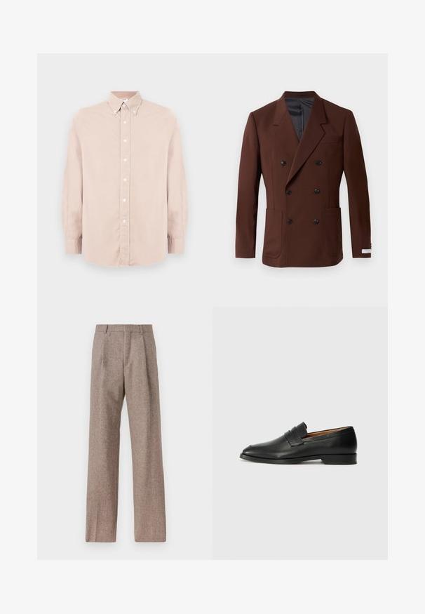 Sacou maro cu două rânduri de nasturi, guler în formă de v, două buzunare frontale, nasturi negri și o căptușeală interioară netedă. Croială ajustată.; Cămașă roz deschis, cu butoni, cu mâneci lungi, guler și nasturi albi. Fabricată dintr-un material neted, cu o croi normal.; Pantaloni bej, cu talie înaltă, dintr-un material texturat. Prezintă picioare late și două pliseuri frontale pentru structură. Finisaj îngrijit, fără accesorii vizibile.; Lofer din piele neagră, cu vârf rotund, detalii cusute subtile și toc jos, având o textură netedă și un design minimalist.