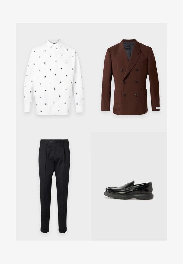 Rjav dvoredni blazer z izrezanimi reverji, dvema sprednjima žepoma, črnimi gumbi in gladkim notranjim oblačilom. Prilagojena fit.; Bela srajca z dolgimi rokavi, okrašena s srebrnimi kovinskimi bleščicami v razpršenem vzorcu, z ostrim ovratnikom in zapiranjem na gumb.; Črne hlače iz gladkega materiala, z zavihkom spredaj, gumbom za zapiranje in zvitim robom ob gležnjih.; Črne usnjene loafer čevlje z sijajno obdelavo, okroglo špico, subtilnimi šivi in debelim gumijastim podplatom za trajnost.