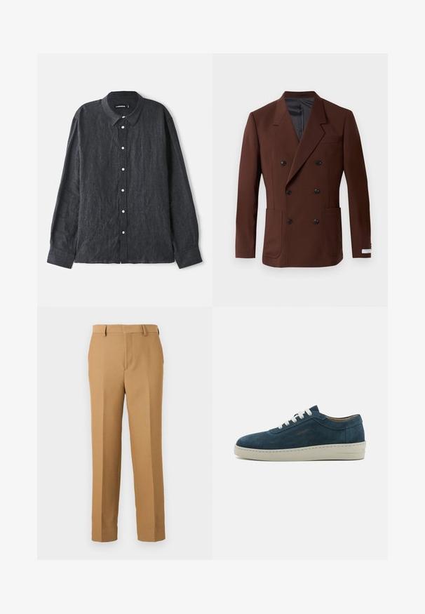 Sacou maro cu două rânduri de nasturi, guler în formă de v, două buzunare frontale, nasturi negri și o căptușeală interioară netedă. Croială ajustată.; Cămașă cu mânecă lungă din in gri închis, cu guler tip butonat, având un plasament frontal cu nasturi albi și o croială lejeră.; Pantaloni bej dintr-un material țesut, cu croială dreaptă, față plată și bucle pentru curea. Textură netedă, fără modele vizibile.; Sneakers albastre din suede, cu vârf rotund, șireturi albe și talpă din cauciuc. Prezintă cusături subtile și un accent de marcă pe lateral.