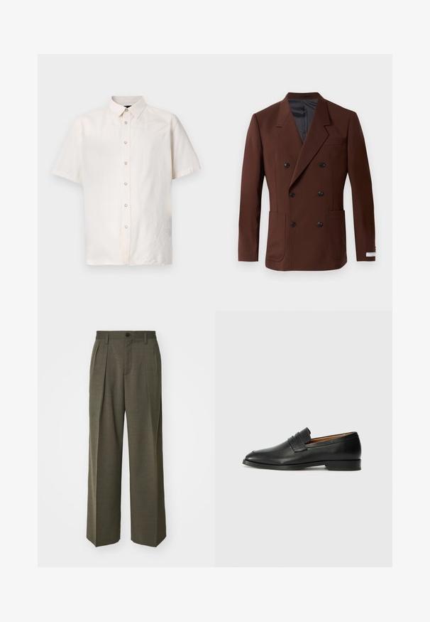Barna, kétsoros blézer, kivágott hajtókával, két elülső zsebbel, fekete gombokkal és sima bélésű belső résszel. Testhezálló szabás.; Rövidujjú ing világos bézs színű anyagból, gombos elülső résszel, szerény gallérral, és egyszerű varrási részletekkel az oldalakon.; Filippa K WIDE TROUSERS - Nadrágok - driftwood; Fekete bőr mokaszin, kerek orral, diszkrét varrásokkal és alacsony sarokkal, sima felülettel és minimalista dizájnnal.