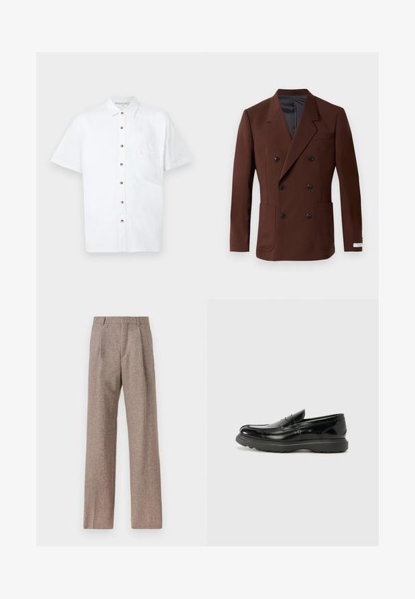 Brūna divrindas žakete ar izgrieztām atlokām, divām priekšējām kabatām, melniem pogām un gludu iekšējo oderi. Piemērota piegriezuma.; Baltās īsām piedurknēm krekliņš no lina, ar pogu aizdari priekšā, krūšu kabatu un koka pogām kā akcentiem.; Brūni, augstos šortos izgatavoti no teksturēta auduma. Iezīmē plašas kājas un divas priekšējās krokas, kas nodrošina struktūru. Kārtīga apdare bez redzamām detaļām.; Melnas ādas loafers ar spīdīgu apdari, noapaļota pirksta forma, smalkas šuvju detaļas un bieza gumijas zole ilgstošai lietošanai.