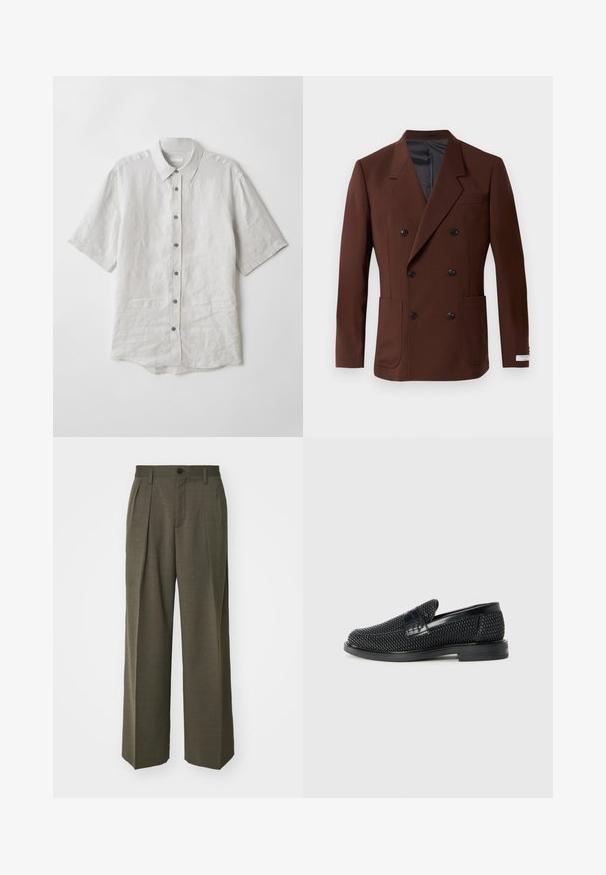 Hnědý dvouřadý blejzr s klopami, dvěma předními kapsami, černými knoflíky a hladkým vnitřním podšívem. Přiléhavý střih.; Košile s krátkým rukávem z lehkého šedého lnu. Obsahuje klasický límec, knoflíkovou přípravu a mírně zakřivený lem. Měkká textura s minimálními vráskami.; Filippa K WIDE TROUSERS - Kalhoty - driftwood; Černé pletené nazouvací boty s hladkým koženým akcentem na svršku, kulatou špičkou a nízkoprofilovou gumovou podrážkou.