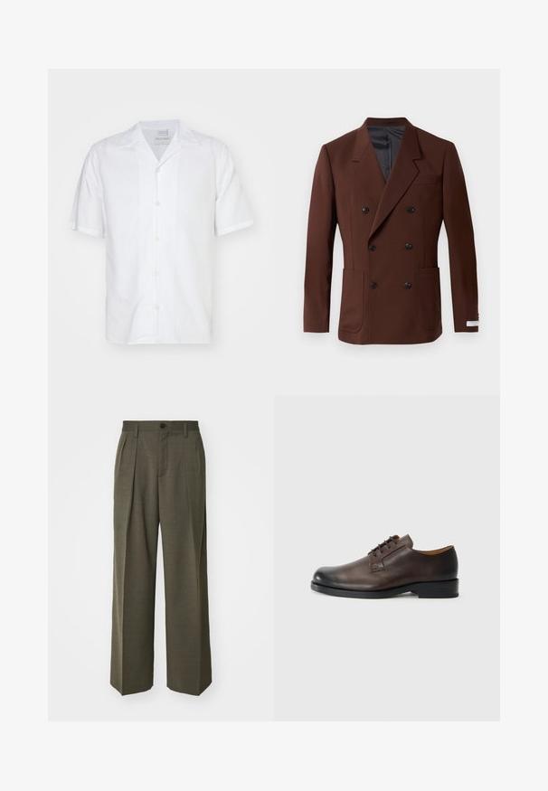 Blazer marrón de doble botonadura con solapas de muesca, dos bolsillos frontales, botones negros y un forro interior suave. Corte ajustado.; Tiger of Sweden BEKKETT - Camisa - pure white; Filippa K WIDE TROUSERS - Pantalones - driftwood; Zapato de cuero marrón con punta redondeada, tacón bajo, diseño con cordones y textura suave. Presenta costuras mínimas y un acabado pulido.