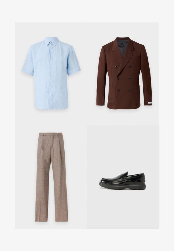 Rudas dvigubas švarkas su įpjautais atlapais, dviem priekiniuose kišenėse, juodais mygtukais ir lygiu pamušalu. Prisiūtas kirpimas.; Tiger of Sweden SPENSER - Marškiniai - summer sky; Rudos, aukšto liemens kelnes, pagamintas iš tekstūruotos medžiagos. Plati kojos, dvi priekinės klostės struktūrai. Tvarkingas apdailos darbai, be matomų detalių.; Juodas odinis loaferis su blizgiu paviršiumi, apvaliu pirštu, subtiliais siūlių detalėmis ir storu guminio pado, užtikrinančio ilgaamžiškumą.