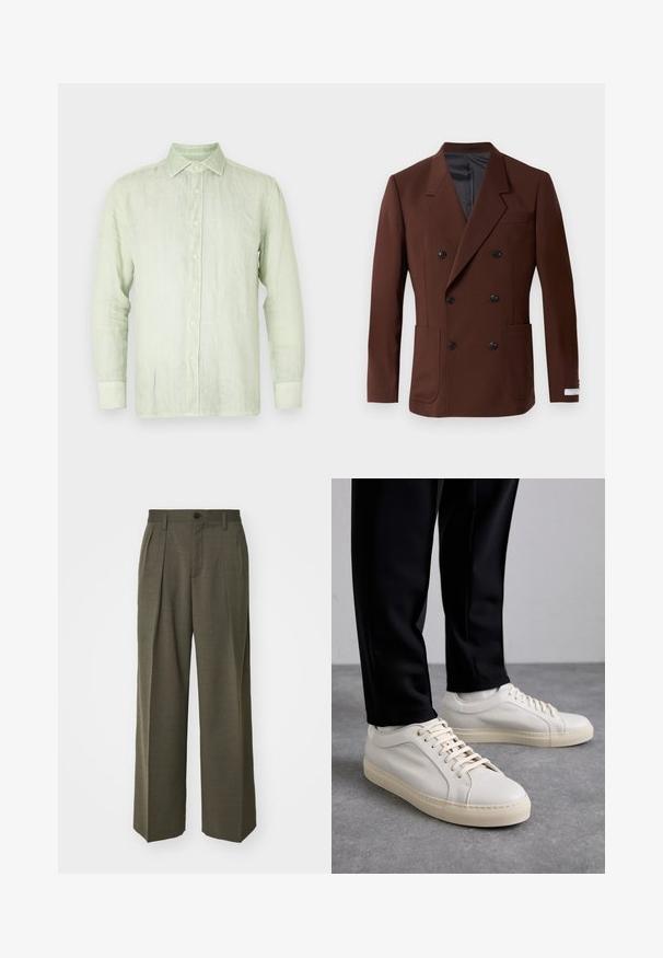 Brūna divrindas žakete ar izgrieztām atlokām, divām priekšējām kabatām, melniem pogām un gludu iekšējo oderi. Piemērota piegriezuma.; Gai zaļš linu krekls ar garām piedurknēm, pogām priekšpusē un pakaramo apkakli. Iezīmējas ar krēmkrāsas pogām un brīvu piegriezumu. Gluda tekstūra.; Filippa K WIDE TROUSERS - Auduma bikses - driftwood; Gai beige ādas kedas ar plakaniem šņorēm, teksturētu virsmu un kontrastējošu krēmkrāsas gumijas zoli, apvienotas ar melniem pieguļošiem biksēm.