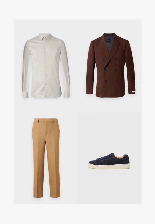 Rjav dvoredni blazer z izrezanimi reverji, dvema sprednjima žepoma, črnimi gumbi in gladkim notranjim oblačilom. Prilagojena fit.; Svetlo siva majica s dolgimi rokavi, izdelana iz gladkega blaga. Ima usnjeno ovratnico, sprednje gumbe in krojen fit s minimalnim dizajnom.; Bež hlače iz tkanine, s ravnim krojem, ravnim sprednjim delom in pasom za pas. Gladka tekstura brez vidnih vzorcev.; Morske suede nizke tenisice z zaobljenim nosom, off-white gumijastim podplatom in usklajenimi vezalkami; imajo kontrastno rjavo notranje podložitev.