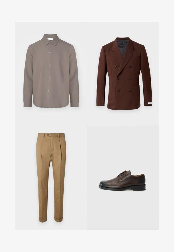 Brązowa marynarka podwójnie zapięta z klapami, dwiema przednimi kieszeniami, czarnymi guzikami i gładką podszewką. Dopasowany krój.; Koszula z długim rękawem, z kołnierzykiem, w stonowanym brązowym materiale, z zapięciem na guziki, zaokrąglonym dołem i gładką fakturą, z minimalnymi detalami.; Beżowe spodnie garniturowe o dopasowanym kroju, z zakładkami, zapięciem na guzik, szlufkami na pasek i podwiniętymi nogawkami. Wykonane z gładkiej, trwałej tkaniny.; Brązowy skórzany but z zaokrąglonym noskiem, niskim obcasem, sznurowanym wzorem i gładką fakturą. Posiada minimalne przeszycia i polerowane wykończenie.