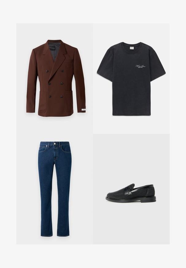Blazer marron à double boutonnage avec des revers en notch, deux poches frontales, boutons noirs et une doublure intérieure lisse. Coupe ajustée.; T-shirt noir à manches courtes et col rond avec un petit logo « Filling Pieces » en blanc sur la poitrine gauche.; Jean en denim bleu foncé avec un design slim à jambe droite, style classique à cinq poches et fermeture à bouton à la taille.; Chaussure slip-on tissée noire avec un accent en cuir lisse sur le dessus, un design à bout rond et une semelle en caoutchouc à profil bas.