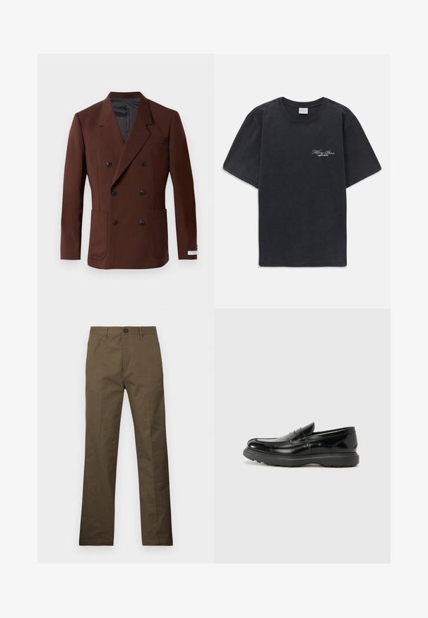 Rudas dvigubas švarkas su įpjautais atlapais, dviem priekiniuose kišenėse, juodais mygtukais ir lygiu pamušalu. Prisiūtas kirpimas.; Juodas trumpomis rankovėmis, apvaliu kaklu marškinėliai su mažu baltu "Filling Pieces" tekstiniu logotipu kairiajame krūtinės kampe.; Rudi medvilniniai kelnių su tiesiais kirpimu, su sagos uždarymu ir šoninėmis kišenėmis, demonstruojami prieš baltą fono.; Juodas odinis loaferis su blizgiu paviršiumi, apvaliu pirštu, subtiliais siūlių detalėmis ir storu guminio pado, užtikrinančio ilgaamžiškumą.