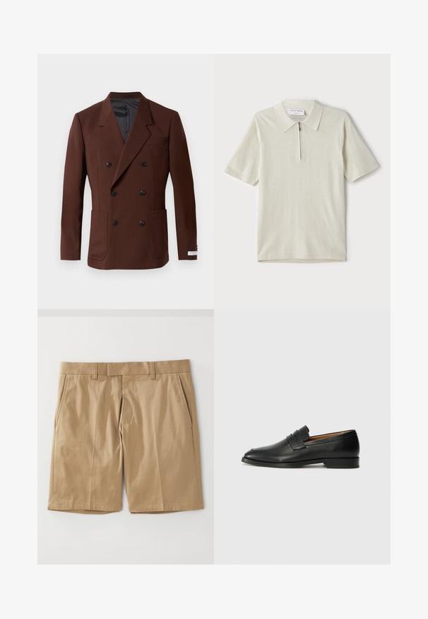 Brūna divrindas žakete ar izgrieztām atlokām, divām priekšējām kabatām, melniem pogām un gludu iekšējo oderi. Piemērota piegriezuma.; Īsām piedurknēm polo krekls gaiši bēšā krāsā ar rāvējslēdzāja apkakli. Izgatavots no gludas auduma, tam ir vienkāršs, mūsdienīgs dizains bez rakstiem.; Haki šorti ar gludu, austu tekstūru, ar divām sānu kabatām un taisnu griezumu, veidoti ar plakanu jostasvietu un jostas cilpām.; Melnas ādas loafers ar noapaļotu purngala formu, smalku izšuvumu un zemu papēdi, piedāvājot gludu tekstūru un minimālistisku dizainu.