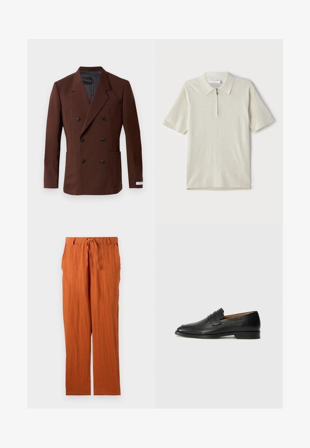 Hnědý dvouřadý blejzr s klopami, dvěma předními kapsami, černými knoflíky a hladkým vnitřním podšívem. Přiléhavý střih.; Pánská polo košile s krátkým rukávem v světlé béžové barvě, s límcem na zip. Vyrobena z hladkého materiálu, s jednoduchým, moderním designem bez vzorů.; Pants v barvě rezavého oranžového vyrobené z texturované látky, se zavazováním v pase a rovnými nohavicemi. Jednoduchý a nezdobený styl.; Černé kožené mokasíny s kulatou špičkou, jemným prošíváním a nízkým podpatkem, s hladkým povrchem a minimalistickým designem.
