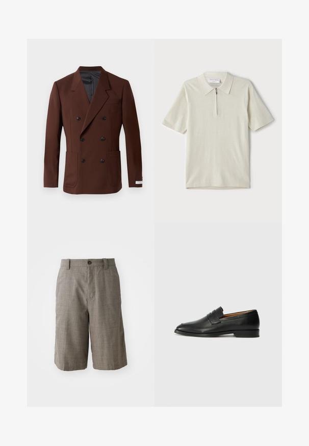 Brun dubbelknäppt blazer med slag, två framfickor, svarta knappar och en slät innerfoder. Skräddarsydd passform.; Kortärmad polo i ljusbeige med dragkedja i kragen. Tillverkad av slätt tyg, har en enkel och modern design utan mönster.; Grå rutiga shorts med en skräddarsydd design, som har en framknappstängning och två sidofickor. Tillverkad av textil med struktur.; Svart läderloafersko med rund tå, subtila sömnadsdetaljer och låg klack, med en jämn yta och minimalistisk design.