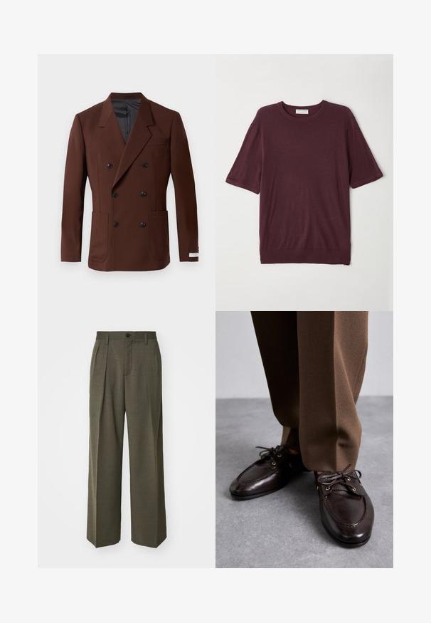 Bruine dubbelbreasted blazer met ingelegde revers, twee voorzakken, zwarte knopen en een gladde binnenvoering. Gepaste pasvorm.; Bordeaux-korte mouwen t-shirt gemaakt van zachte stof; heeft een ronde hals en een relaxte pasvorm met een rechte zoom. Basisontwerp zonder patronen.; Filippa K WIDE TROUSERS - Broek - driftwood; Bally PATHY - Veterschoenen - ebano