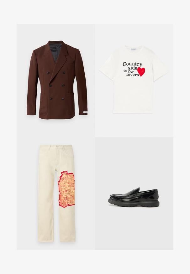 Hnědý dvouřadý blejzr s klopami, dvěma předními kapsami, černými knoflíky a hladkým vnitřním podšívem. Přiléhavý střih.; Bílý bavlněný tričko s krátkým rukávem. Na přední straně se nachází černý text "Krajina je pro milence" a grafika červeného srdce. Jednoduchý design.; Krémové bavlněné kalhoty s velkou, texturovanou grafiku v červené a žluté barvě na levé nohavici, doplněnou stylizovaným textem. Rovný střih.; Černé kožené mokasíny s lesklým povrchem, kulatou špičkou, nenápadnými švy a silnou gumovou podrážkou pro odolnost.