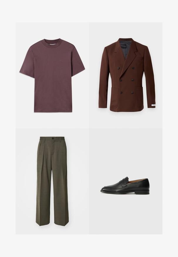 Hnědý dvouřadý blejzr s klopami, dvěma předními kapsami, černými knoflíky a hladkým vnitřním podšívem. Přiléhavý střih.; Tričko s krátkým rukávem a kruhovým výstřihem v tmavě fialové barvě, vyrobené z měkké bavlny. Na přední straně má minimalní branding ve stejné barvě.; Filippa K WIDE TROUSERS - Kalhoty - driftwood; Černé kožené mokasíny s kulatou špičkou, jemným prošíváním a nízkým podpatkem, s hladkým povrchem a minimalistickým designem.