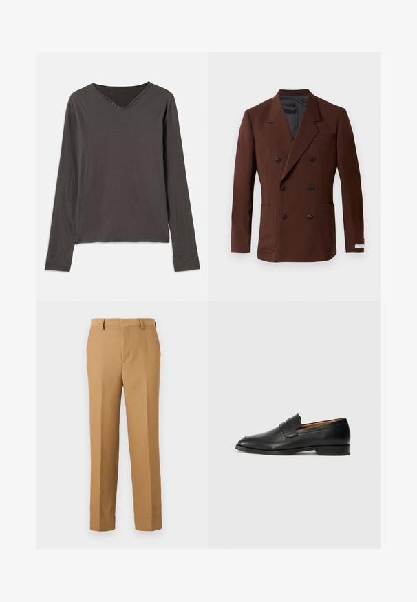 Brun dobbeltbrystet blazer med udskårne klapper, to frontlommer, sorte knapper og glat indvendig foring. Skræddersyet pasform.; Langærmet top i mørkegrå, med V-halsudskæring og knaplukning med fire knapper. Blødt stof med en løs pasform og syede manchetter.; Beige bukser lavet af vævet stof, med lige snit, flad front og bæltestropper. Glat tekstur uden synlige mønstre.; Sort læder loafer med rund tå, diskret syning, og lav hæl, der har en glat tekstur og minimalistisk design.