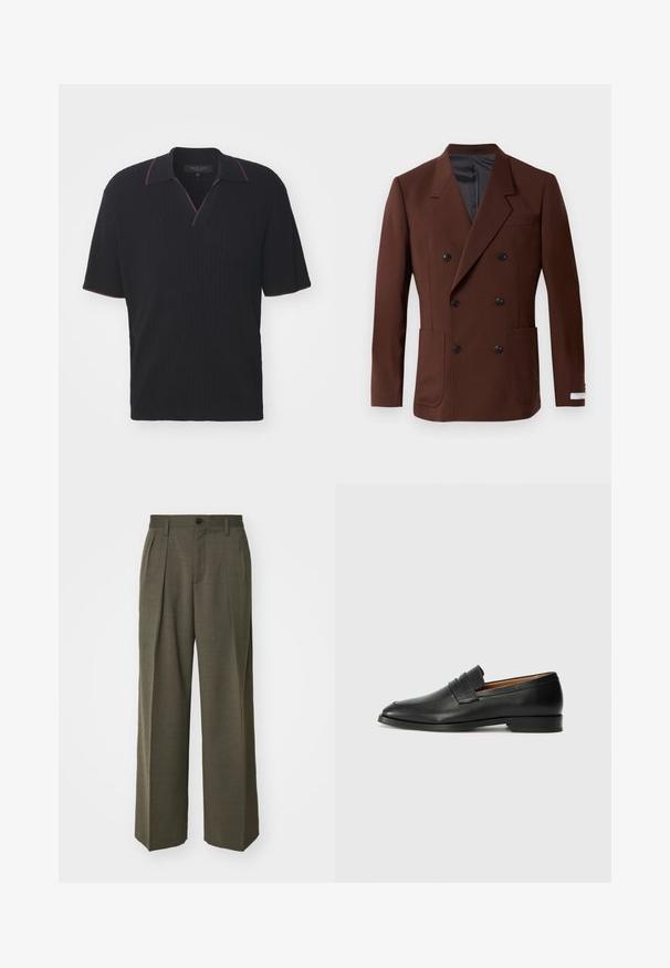 Brązowa marynarka podwójnie zapięta z klapami, dwiema przednimi kieszeniami, czarnymi guzikami i gładką podszewką. Dopasowany krój.; rag & bone JOHNNY czarny; Filippa K - Spodnie materiałowe; Czarne skórzane mokasyny z zaokrąglonym noskiem, subtelnymi przeszyciami i niskim obcasem, charakteryzujące się gładką teksturą i minimalistycznym designem.