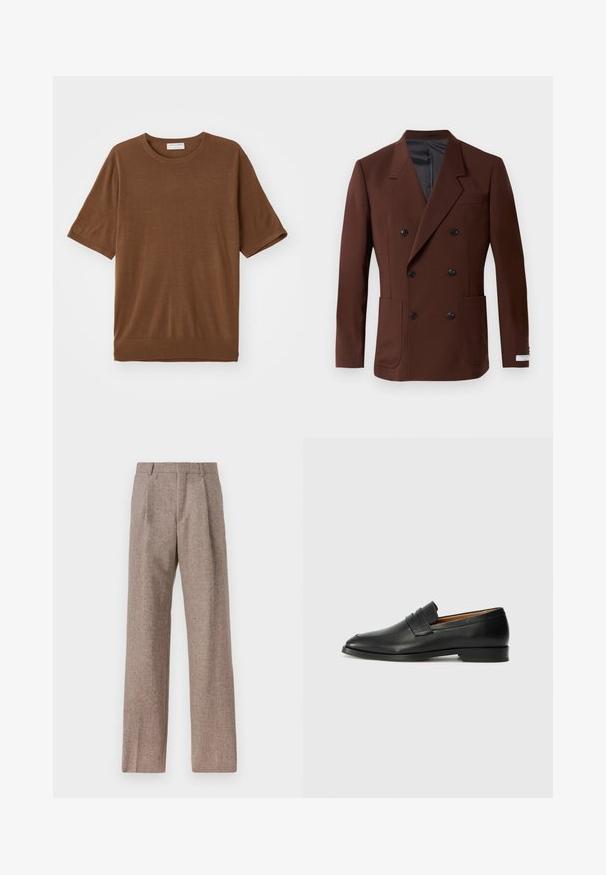 Brown double-breasted blazer with notched lapels, two front pockets, black buttons, and a smooth interior lining. Tailored fit.; Brown short-sleeve t-shirt made of soft fabric, featuring a round neckline and a slightly loose fit with a ribbed hem.; Brown, high-waisted trousers made of textured fabric. Features wide legs and two front pleats for structure. Neat finish with no visible hardware.; Black leather loafer with a rounded toe, subtle stitched detailing, and a low heel, featuring a smooth texture and minimalist design.