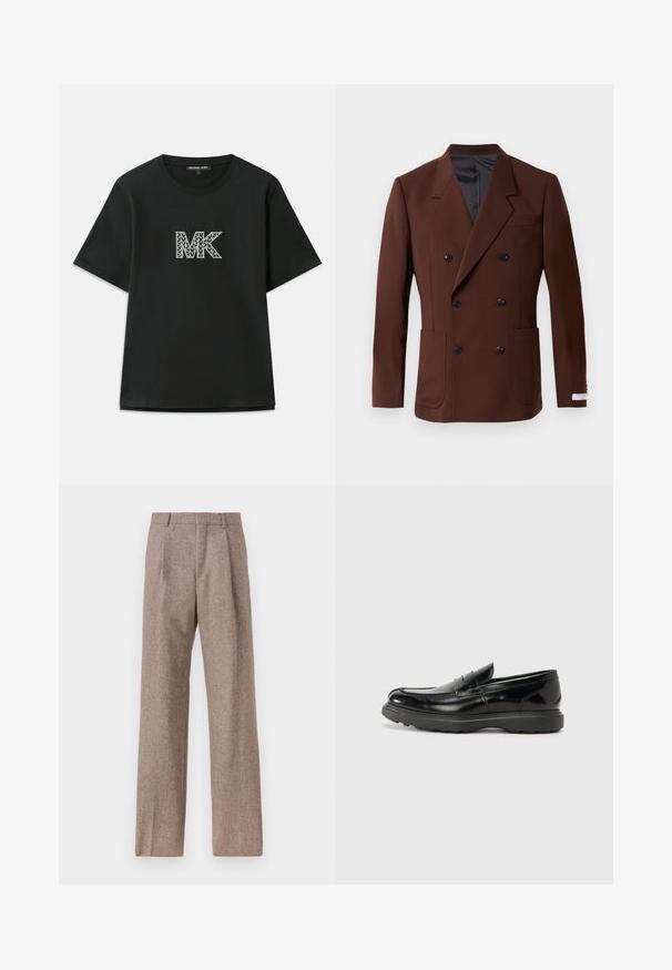 Rjav dvoredni blazer z izrezanimi reverji, dvema sprednjima žepoma, črnimi gumbi in gladkim notranjim oblačilom. Prilagojena fit.; Črna bombažna majica s kratkimi rokavi z geometrijskim logotipom "MK" v beli in sivi barvi. Okrogla ovratnica in sproščen kroj.; Rjave hlače z visokim pasom, izdelane iz teksturirane tkanine. Imajo široke noge in dve sprednji pregibi za strukturo. Urejen zaključek brez vidne strojne opreme.; Črne usnjene loafer čevlje z sijajno obdelavo, okroglo špico, subtilnimi šivi in debelim gumijastim podplatom za trajnost.