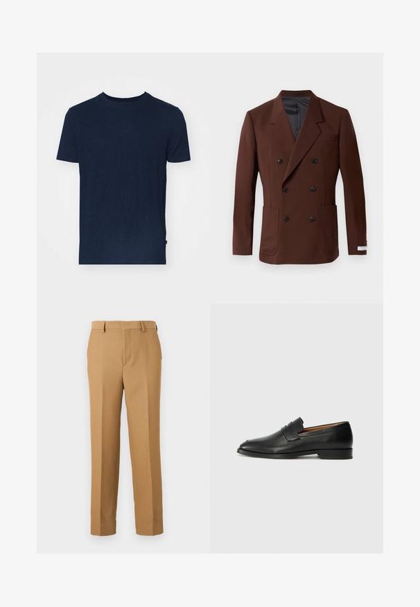Hnedý dvojradový blejzer s klopami, dvoma prednými vreckami, čiernymi gombíkmi a hladkým vnútorným podšívkou. Prispôsobený strih.; Námornícky modré tričko vyrobené z mäkkej tkaniny, s okrúhlym výstrihom a krátkymi rukávmi, uvoľneného strihu a bez viditeľných vzorov alebo akcentov.; Béžové nohavice z tkaného materiálu, so rovný strihom, plochým predným dielom a pútkami na opasok. HladkáTextúra bez viditeľných vzorov.; Čierne kožené mokasíny s okrúhlou špičkou, jemným prešitím a nízkym podpätkom, s hladkou textúrou a minimalistickým dizajnom.