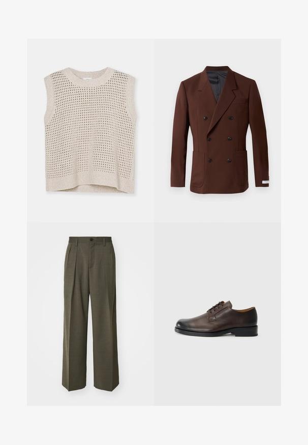 Bruine dubbelbreasted blazer met ingelegde revers, twee voorzakken, zwarte knopen en een gladde binnenvoering. Gepaste pasvorm.; Gebreide mouwloze top in lichtbeige met open weefpatroon, ronde hals en geribbelde onderrand. Zachte textuur; casual ontwerp dat geschikt is voor layering.; Filippa K WIDE TROUSERS - Broek - driftwood; Bruine leren schoen met een ronde neus, lage hak, vetersluiting en een gladde textuur. Heeft minimale stiksels en een gepolijste afwerking.