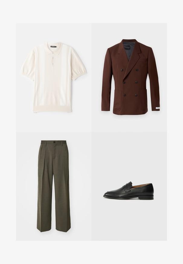 Rudas dvigubas švarkas su įpjautais atlapais, dviem priekiniuose kišenėse, juodais mygtukais ir lygiu pamušalu. Prisiūtas kirpimas.; Kreminės spalvos trumpų rankovių polo marškiniai su lygiu paviršiumi, turintys tris mygtukus, subtilias vertikalias juosteles ir klasikinio stiliaus apykaklę.; Filippa K WIDE TROUSERS - Kelnės - driftwood; Juodas odinis loaferis su apvaliu nosiu, subtiliomis siuvimo detalėmis ir žemu kulnu, pasižymintis lygia tekstūra ir minimalistiniu dizainu.