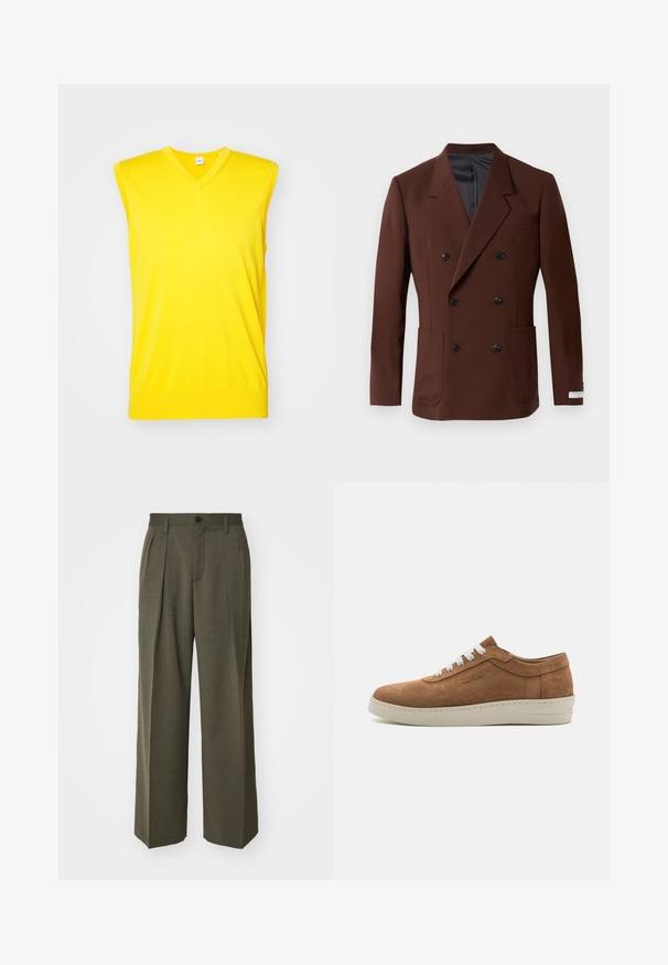 Bruine dubbelbreasted blazer met ingelegde revers, twee voorzakken, zwarte knopen en een gladde binnenvoering. Gepaste pasvorm.; Geel mouwloos truitje met een V-hals ontwerp, gemaakt van zachte stof. Heeft een geribbelde zoom en een gladde textuur, geschikt voor warm weer.; Filippa K WIDE TROUSERS - Broek - driftwood; Bruine suède sneaker met witte veters, ronde neus en een gestructureerde rubberen zool. Kenmerkt zich door een gestikte accenten langs de rand van de zool.