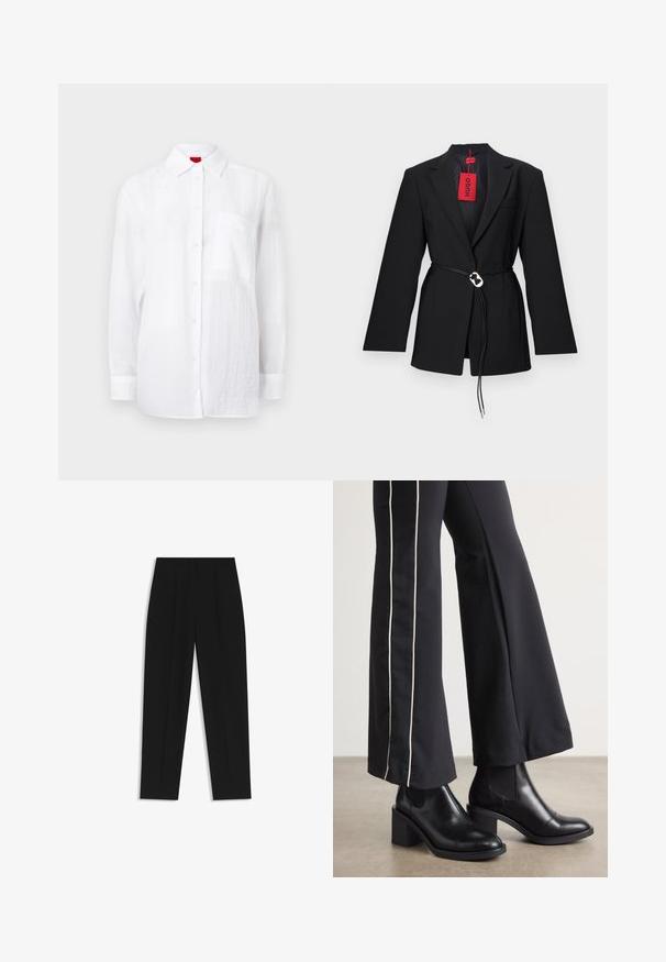 Blazer nero con un design aderente, caratterizzato da una vita cintata e una ferramenta circolare silver. Include una tasca sul petto e un'etichetta rossa.; Camicia bianca a maniche lunghe realizzata in tessuto leggero, con chiusura frontale a bottoni, colletto e taschino sul lato sinistro del petto. Finissaggio a trama sottile.; Pantaloni neri a taglio dritto, con doppie pieghe, una texture liscia e un design classico in vita. Nessun hardware o dettaglio visibile.; Stivaletti in pelle nera con tacco a blocco, dotati di pannelli elastici sui lati. Abbinati a pantaloni neri con una striscia bianca laterale.