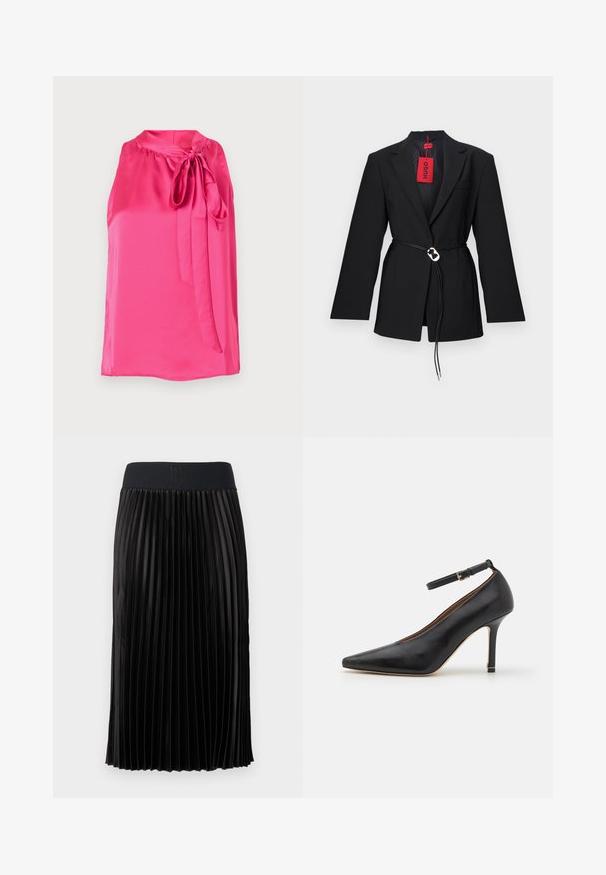 Sort blazer med en tætsiddende design, der har en bælte i taljen og sølvfarvet cirkulært hardware. Indeholdt en enkelt brystlomme og et rødt mærke.; Lyserød satin ærmeløs bluse med rund halslinning og en bundet sløjfeaccent foran, med en glat tekstur og flydende design.; Sort plisseret nederdel med en glat tekstur, prydet med en bred sort talje med prægningen "HUGO." Knælængde design.; Sort læder højhælede sko med spids tå, ankelrem og en tynd hæl. Glat tekstur med en guldaccent på hælbasis.