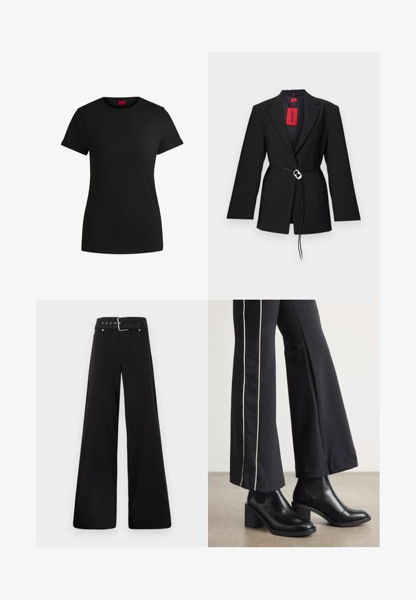 Mustmust ja sobivad disain, millel on vöödiga talje ja hõbedane ümmargune riistvara. Sisaldab ühte rinnataskut ja punast silti.; Must must t-särk lühikeste keeratud varrukatega, ümmarguse kaeluse ja punase etiketiga. Sile tekstuur, sobiv kuju minimaalsete detailidega.; Mustad laiad mustad püksid, mis on valmistatud puuvillast, kõrge vöökoha, suurte küljetaskute ja kumerate rihmadega, kus on hõbedased detailid.; Mustad nahast pahklu_bootid, millel on ploki konts ja elastsed külgpaneelid. Kombineeritud mustade pükstega, millel on valge küljeriba.