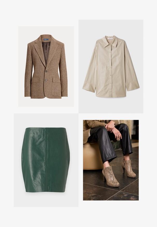 Barna halszálkás gyapjú blézer, kihajtható gallérral, két gombbal, hajtókás zsebekkel és sima barna béléssel.; Beige hosszú ujjú ing, nagy hegyes gallérral, gombos elülső résszel és széles ujjak végeivel. Simább, könnyű anyagból készült.; Zöld bőr mini szoknya sima textúrával és testhezálló fazonnal. Záróelemek vagy hardverek nélkül, varrás nélküli dizájnnal készült.; Fekete bőrnadrágot és bézs kígyómintás magassarkú bokacsizmát viselő személy ül egy bézs ülésen, benti térben.
