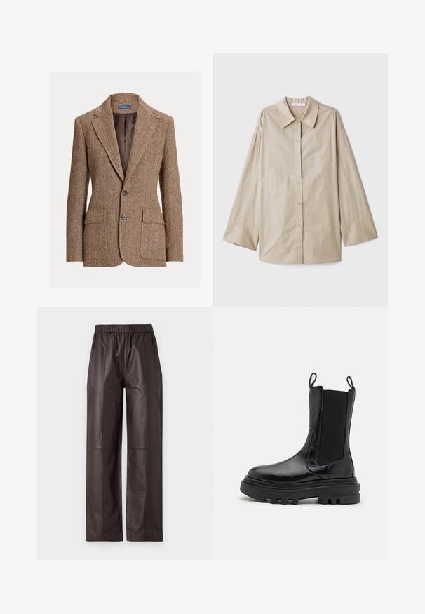 Rjav herringbone volnen blazer z izrezanimi klapami, dvema gumboma, žepoma s poklopcem in gladkim rjavim podplatom.; Bež srajca z dolgimi rokavi, z velikim ostrim ovratnikom, gumbasto sprednjo zaponko in širokimi manšetami. Narejena iz gladkega, lahkega materiala.; Rjave usnjene hlače širokega kroja z elastičnim pasom in gladko teksturo, ki se ponašajo z šivi spredaj in zadaj.; Črne gležnjarje z bleščečim usnjenim zaključkom, z elastičnimi stranskimi paneli, zanke za obuvanje in debelim, strukturiranim gumijastim podplatom. Masiven dizajn, eleganten silhueta.