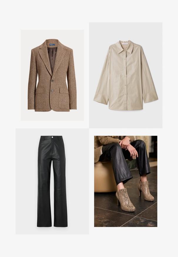 Pruun herringbone villakate, millel on nurgelised kraed, kaks nuppu, klapiga taskud ja sile pruun vooder.; Beige pika-sammiga särk, millel on suur terav krae, nööpidega eesosa ja laiad varrukate mansetid. Valmistatud siledast, kergest kangast.; Mustad nahkpüksid, millel on sile tekstuur, laiad sääred, esipaneelil nupukinnitus ja tagasihoidlikud õmblused.; Isik, kes kannab musti nahkpükse ja beeži madu nahast kõrge kontsaga ankle saapaid, istub beežil istmel siseruumides.