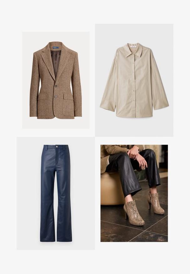 Barna halszálkás gyapjú blézer, kihajtható gallérral, két gombbal, hajtókás zsebekkel és sima barna béléssel.; Beige hosszú ujjú ing, nagy hegyes gallérral, gombos elülső résszel és széles ujjak végeivel. Simább, könnyű anyagból készült.; Sötétkék bőrnadrág egyenes szárú fazonnal, elülső cipzárral, gombos záródással és sima textúrával.; Fekete bőrnadrágot és bézs kígyómintás magassarkú bokacsizmát viselő személy ül egy bézs ülésen, benti térben.