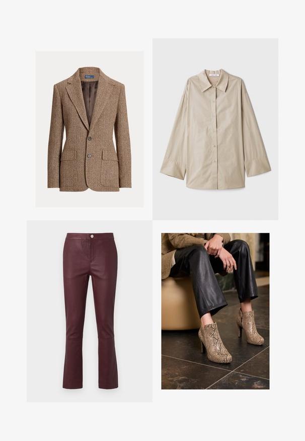 Pruun herringbone villakate, millel on nurgelised kraed, kaks nuppu, klapiga taskud ja sile pruun vooder.; Beige pika-sammiga särk, millel on suur terav krae, nööpidega eesosa ja laiad varrukate mansetid. Valmistatud siledast, kergest kangast.; Burgundia sünteetilisest nahast püksid slim fit stiilis, laieneva alumise servaga, ees taskud ja metallnupp vööl. Sile tekstuur.; Isik, kes kannab musti nahkpükse ja beeži madu nahast kõrge kontsaga ankle saapaid, istub beežil istmel siseruumides.