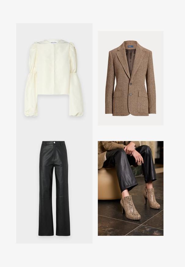 Giacca in panno marrone a spina di pesce con rever a notched, due bottoni, tasche a patta e foderatura marrone liscia.; Blusa di raso crema con collo alto e maniche lunghe voluminose e arricciate. Il design minimalista presenta una chiusura sul retro e nessuna decorazione.; Pantaloni in pelle nera con una texture liscia, design a gamba larga, chiusura anteriore con bottone e dettagli di cucitura discreti.; Persona vestita con pantaloni in pelle nera e stivali alla caviglia con tacco alto in pelle d'anguilla beige, seduta su una sedia beige all'interno.