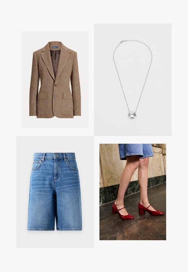 Pruun herringbone villakate, millel on nurgelised kraed, kaks nuppu, klapiga taskud ja sile pruun vooder.; Kreemjas soonik, millel on õhukesed rihmad, keha lähedane lõige ja sirge ääre. Sildi peal on tekst "IVY OAK." Materjal näib olevat pehme ja veniv.; Heledad teksad helesinises, kõrge vöökoht ja laiad säärte kujundusega, viie tasku ja õmblustega servade juures.; Inimene kannab läikivaid punaseid Mary Jane plokknõusid ja sinist teksaseelikut, seistes tumedatel plaatidel marmorseina lähedal.; Hõbe ripatsikaelakee, millel on sujuv ja ümar disain ning kaks lõigatud aksenti. Omab õhukest kett ja turvalist kinnitust.