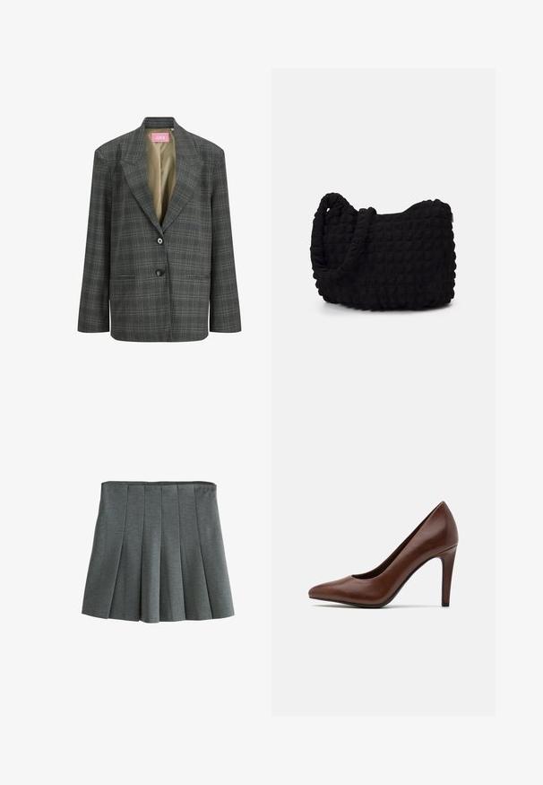 Mørkegråternet blazer med notch lapeller, to knapper, frontlommer og beige inderside.; Next HEAVYWEIGHT SHORT SLEEVE CREW NECK STANDARD - T-shirts print - chocolate brown; Grå plisseret nederdel lavet af let stof, med en tætsiddende talje og strukturerede plisser, der skaber en svungen silhuet.; Marco Tozzi Pumps - cognac; Sort stofpose med en struktureret, quilted mønster. Rund form, korte, tykke håndtag, og en blød, fleksibel struktur.